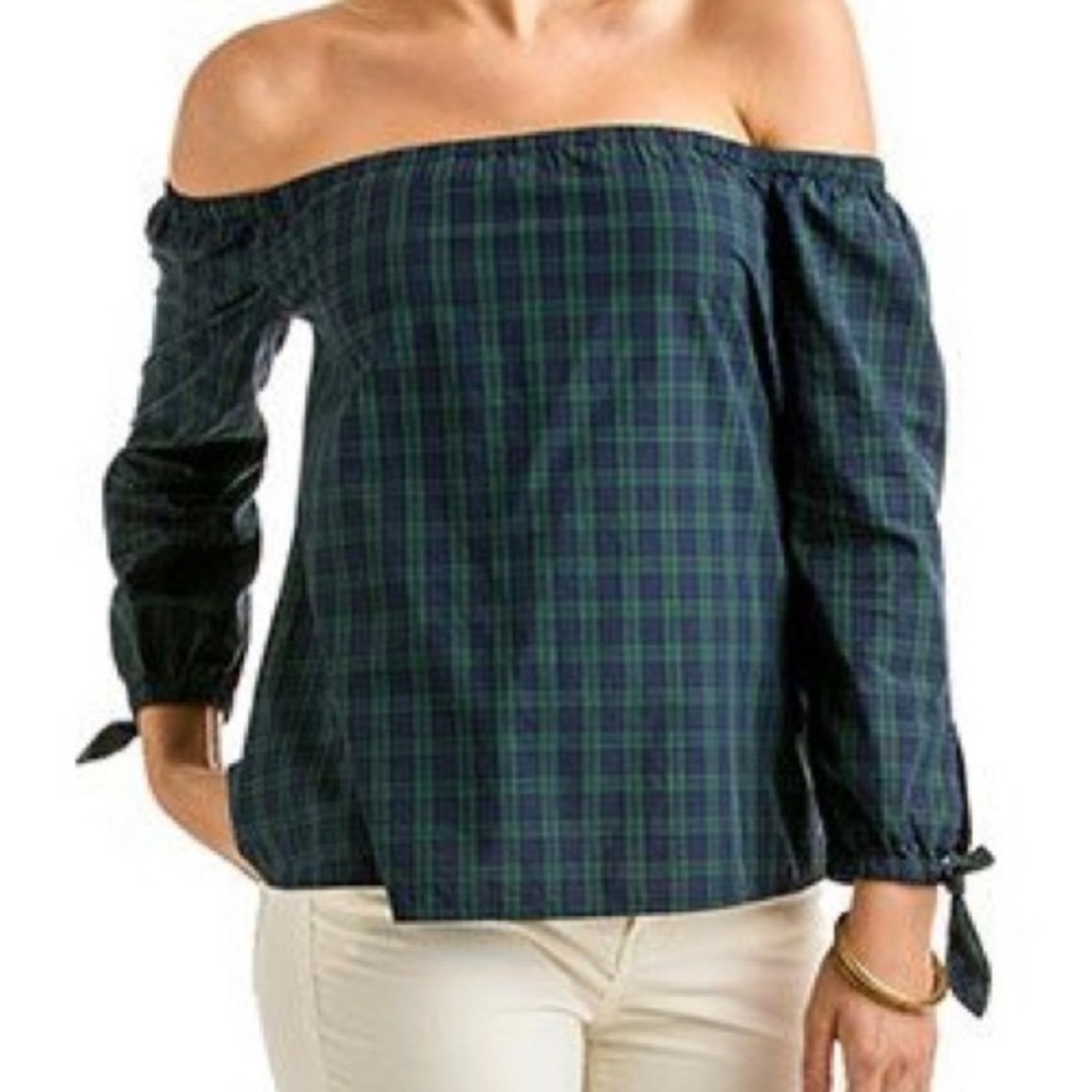 vineyard vines off the shoulder black watch top